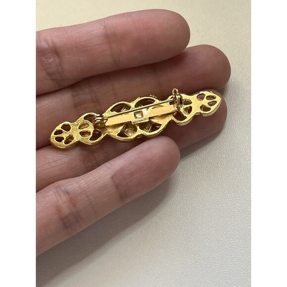 Vintage Gold Tone Bar Brooch Green Enamel Filagree 2” - Picture 3 of 4